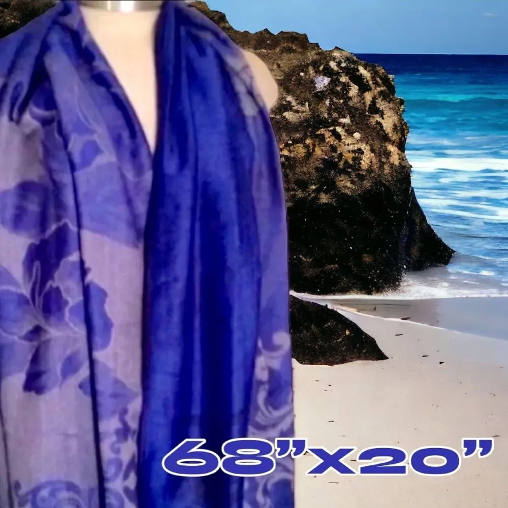 Large Damask Floral Print Scarf/Wrap | Blue/Purple with Twisted Fringes 68”x20”